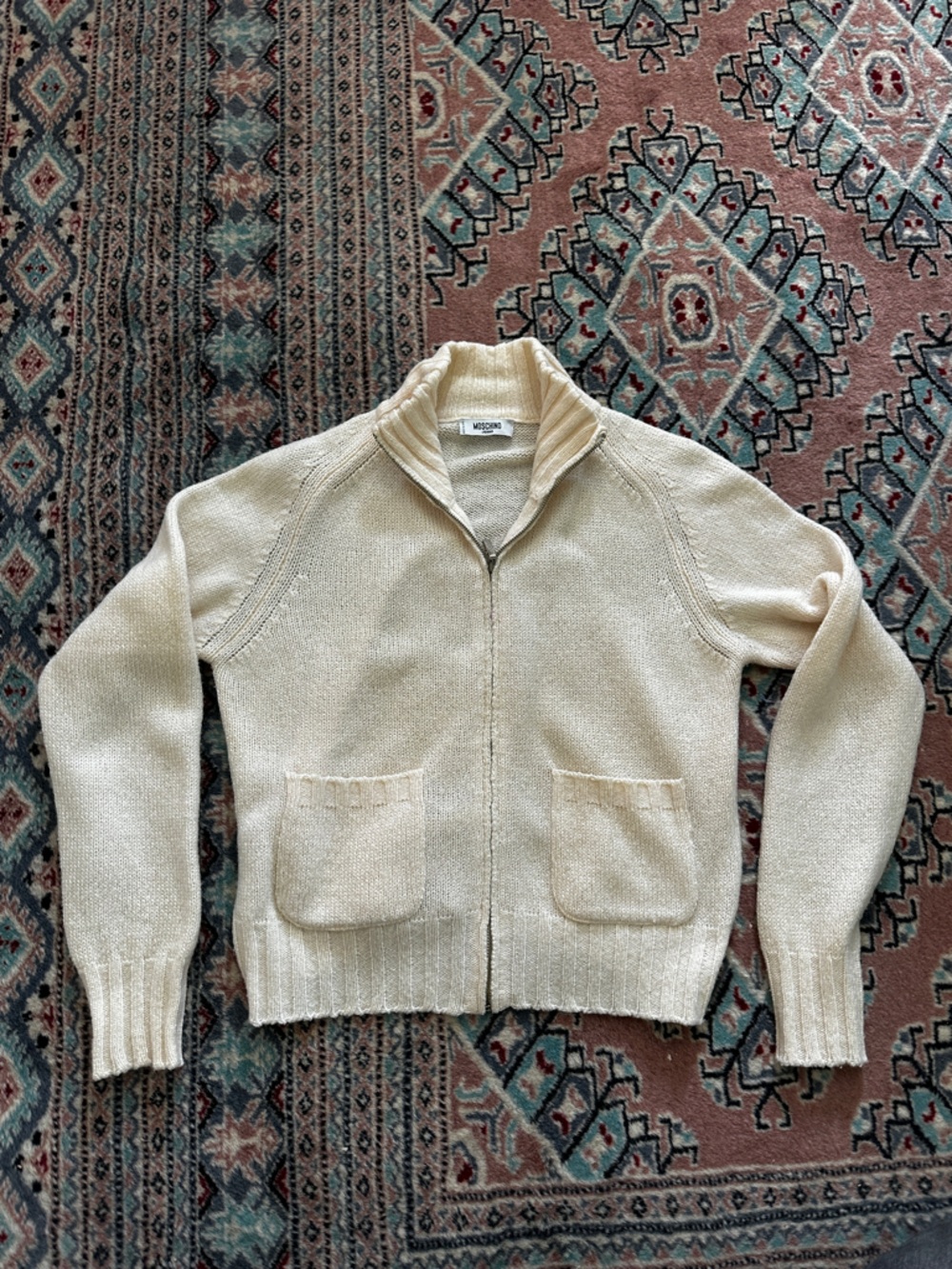 Moschino Jeans Cream Zip-Front Knit Sweater